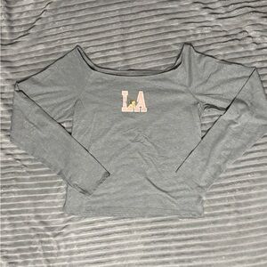 Modern Lux Gray Off-Shoulder Blouse with LA Print